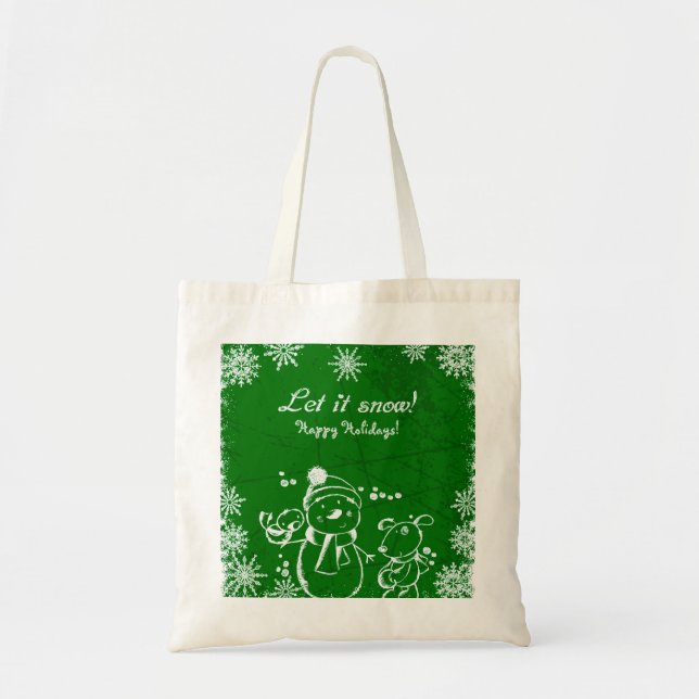 Bolsa Tote Ilustração Verde E Branca - Feliz Natal (Frente)