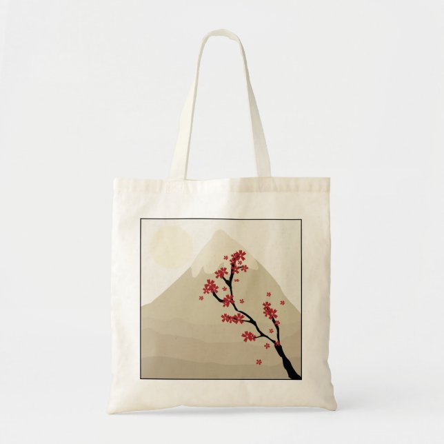 Bolsa Tote Ilustração vermelha de Monte Fuji Japão das flores (Frente)