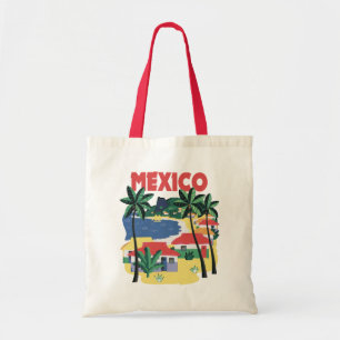Bolsa Tote Ilustração vintage no México com cena de praia