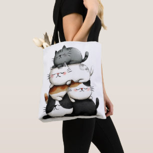 Bolsa Tote Ilustração Whimsical de uma Pilha de Gatos Adoráve