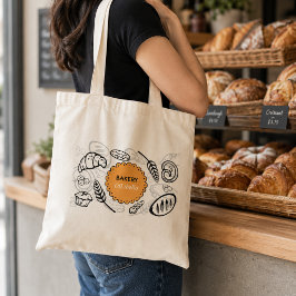 Bolsa Tote Ilustrações de Pão Divertidas para Padaria