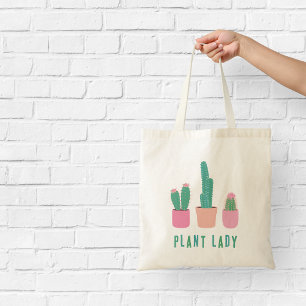 Bolsa Tote Ilustrações de Planta Lady Pink e Green Cactus