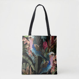 Bolsa Tote Ilustrações tropicais de flores, plantas, aves.