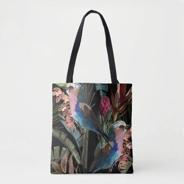 Bolsa Tote Ilustrações tropicais de flores, plantas, aves. (Frente)