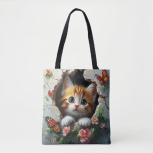 Bolsa Tote Imagem 3D de um gatinho fofo espiando