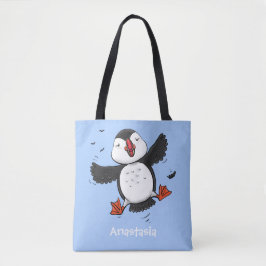 Bolsa Tote Imagem azul de desenho animado de puffin voador e 