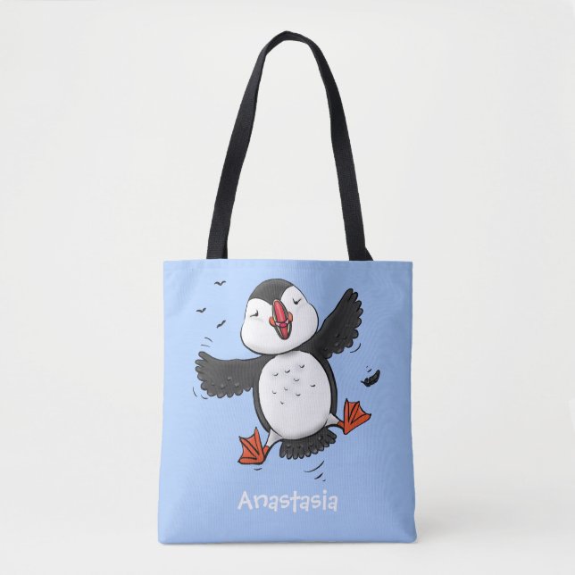 Bolsa Tote Imagem azul de desenho animado de puffin voador e  (Frente)