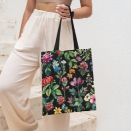 Bolsa Tote Imagem Botânica de Elegância Vintage Preta