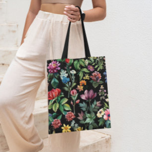 Bolsa Tote Imagem Botânica de Elegância Vintage Preta