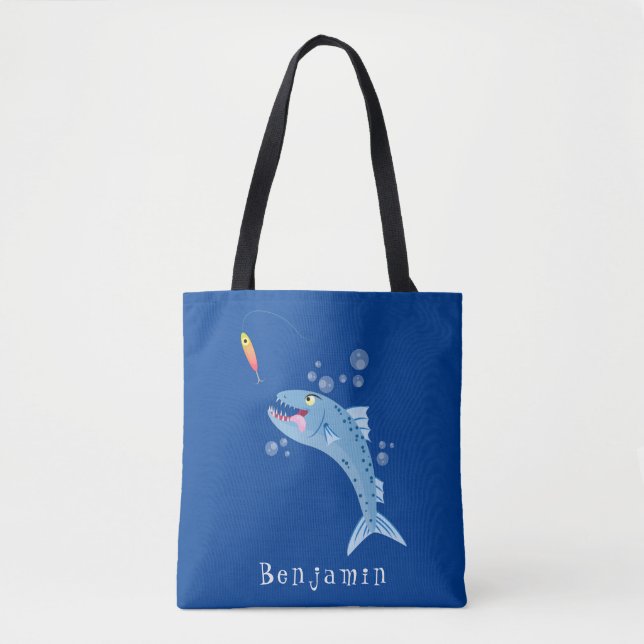 Bolsa Tote Imagem de desenho animado de pesca com fome de pei (Frente)