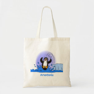 Bolsa Tote Imagem de desenho animado de pinguim de salto feli