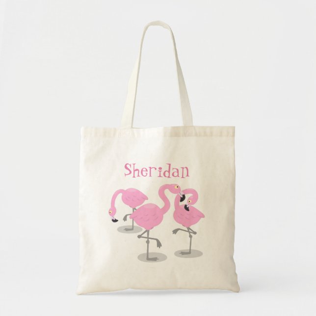 Bolsa Tote Imagem de desenho animado rosa-claro flamingo trio (Frente)