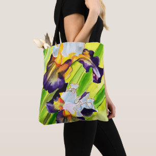 Bolsa Tote Imiris florais de aquarela verde roxa