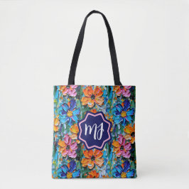 Bolsa Tote Impasto Flores de Estilo em um Monograma Colorido