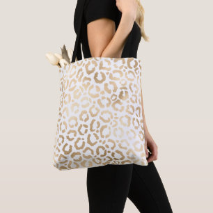 Bolsa Tote Impressão Animal Leopardo Branco Dourado Elegante