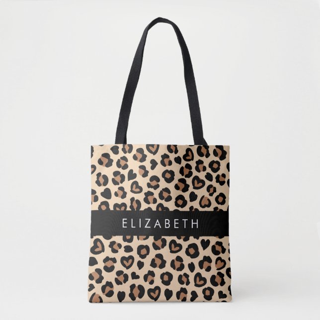 Bolsa Tote Impressão Animal, Leopardo Marrom, Corações, Seu N (Frente)