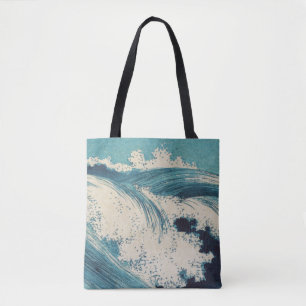 Bolsa Tote Impressão Antiga de Ondas do Oceano Azul em Xilogr