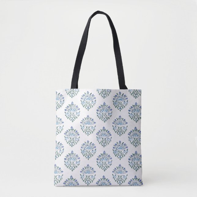 Bolsa Tote Impressão Botânica em Bloco Azul sobre Marfim (Frente)