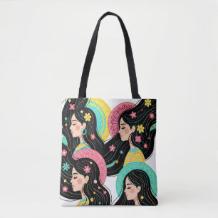 Bolsa Tote Impressão de Arte de Ilustração de Mulheres Boêmia