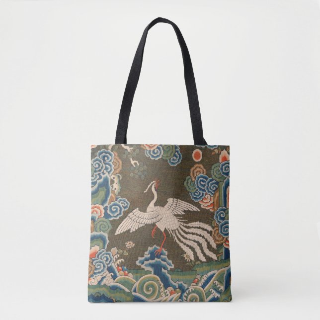 Bolsa Tote Impressão de bordado em seda de pássaro branco chi (Frente)