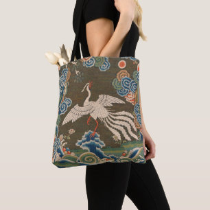 Bolsa Tote Impressão de bordado em seda de pássaro branco chi