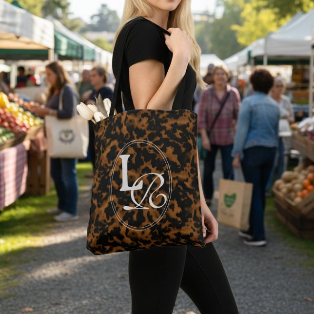 Bolsa Tote Impressão de Casco de Tartaruga com Monograma Mode (Add a touch of chic charm to your phone with this Elegant Typography Monogram Tortoise Shell Tote!)