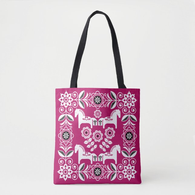 Bolsa Tote Impressão de Cavalo Sueco Dala Rosa (Frente)