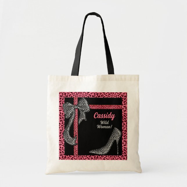 Bolsa Tote Impressão de Chita Rosa com Nome a Preto (Frente)