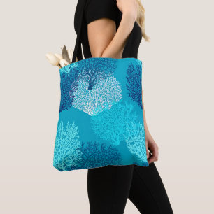 Bolsa Tote Impressão de Coral do Ventilador, Turquesa, Aqua 