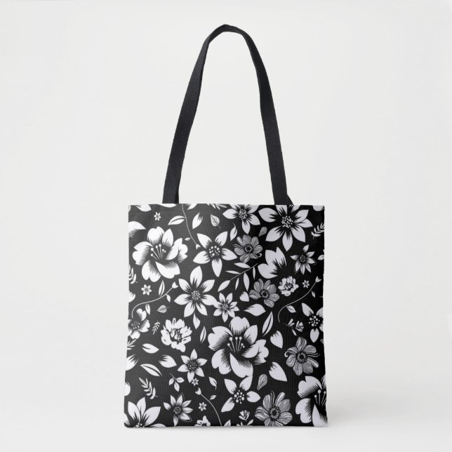 Bolsa Tote Impressão de folhas florais modernas em preto e br (Frente)