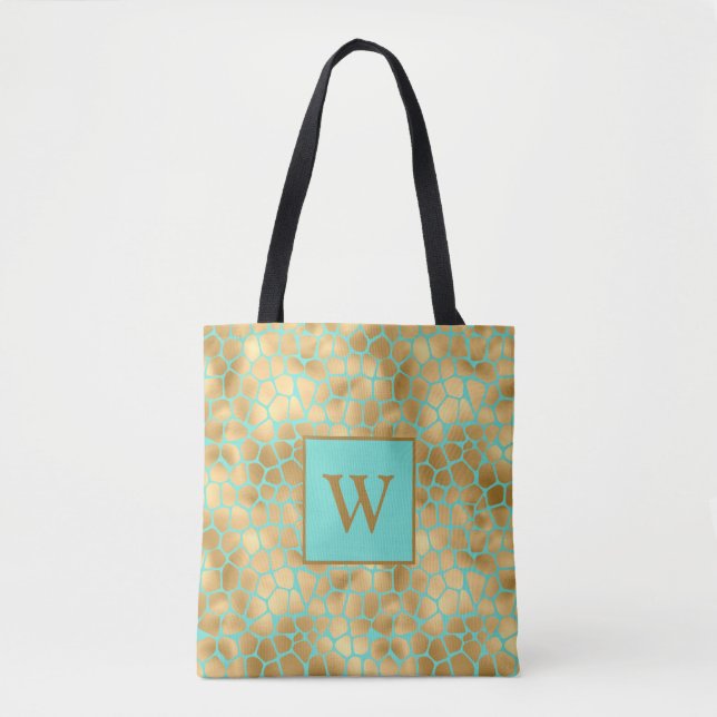 Bolsa Tote Impressão de girafa em menta e dourado (Frente)