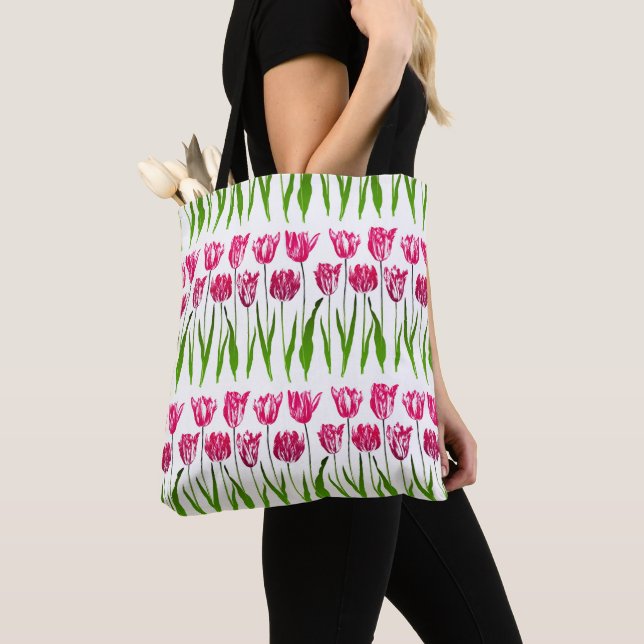 Bolsa Tote Impressão de Jardim das Tulipas em Rosa e Verde de (Close Up)