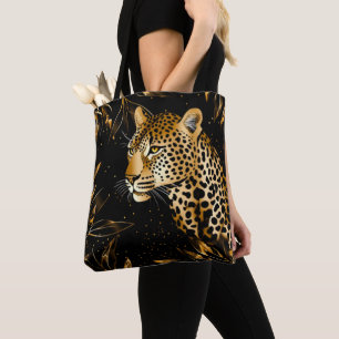 Bolsa Tote Impressão de Leopardo Guepardo Preto Dourado Folha