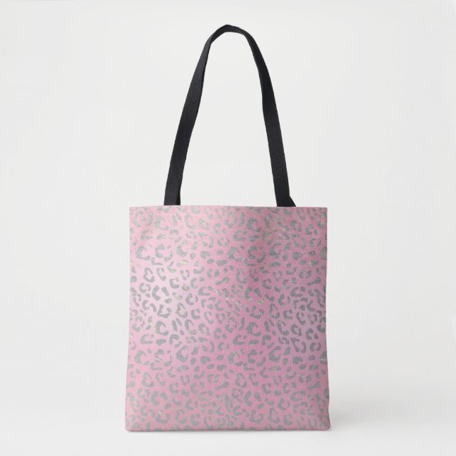 Bolsa Tote Impressão de leopardo prateado rosa pastel (Frente)