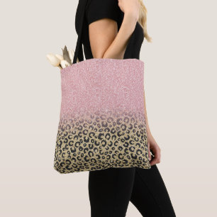 Bolsa Tote Impressão de Leopardo Preto Glitter Dourado Elega