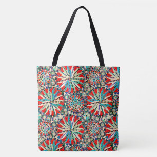 Bolsa Tote Impressão de Mandala Tribal, Vermelho, Azul e Crem