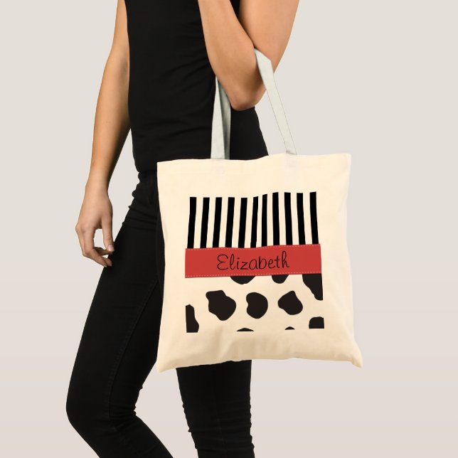 Bolsa Tote Impressão de Vaca, Stripes, Preto e Branco, Seu No (Frente (produto))