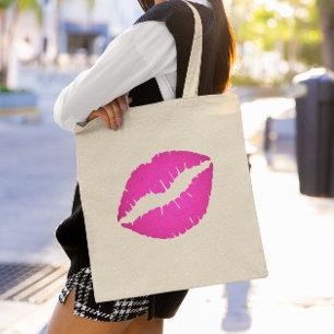 Bolsa Tote Impressão do Beijo Batom de Mão Rosa Quente