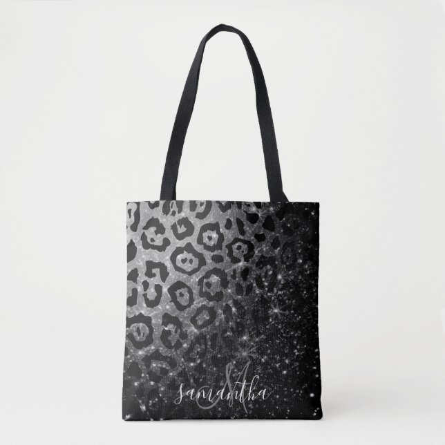 Bolsa Tote Impressão e brilho do leopardo preto (Frente)