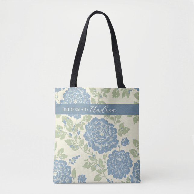 Bolsa Tote Impressão em bloco Floral Azul Verde com Listra Az (Frente)