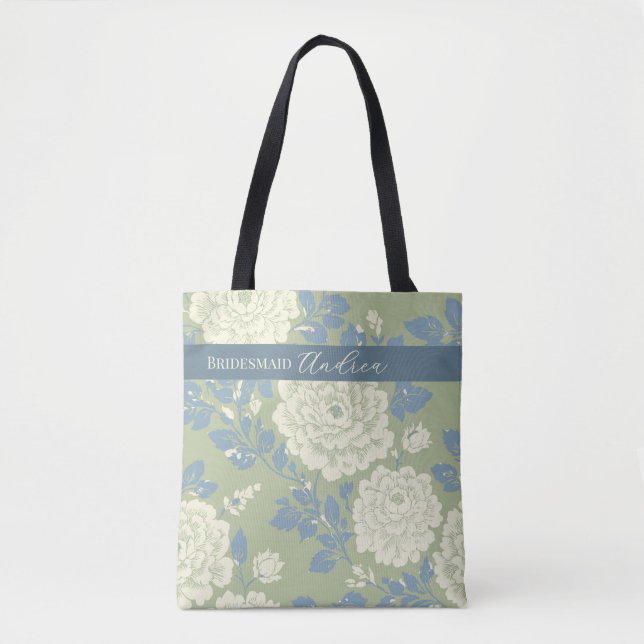 Bolsa Tote Impressão em bloco Floral Azul Verde com Listra Az (Frente)