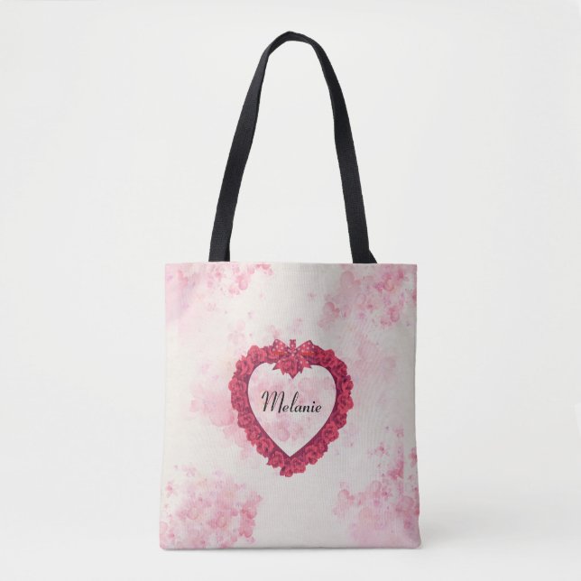 Bolsa Tote Impressão Floral de Aquarela Desbotada com Coração (Frente)