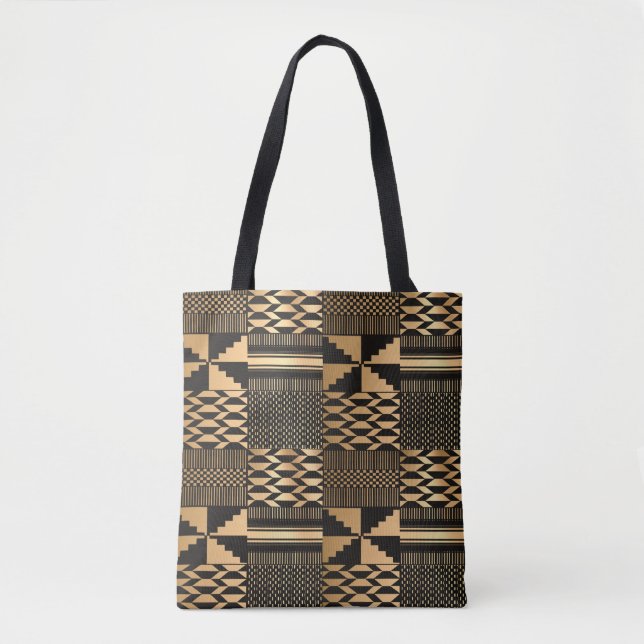Bolsa Tote Impressão Kwanzaa Kente (Preto/Dourado) (Frente)