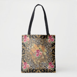 Bolsa Tote impressão leopardo com rosas e brilho dourado