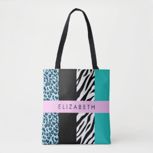 Bolsa Tote Impressão Leopardo, Impressão Zebra, Azul, Seu Nom