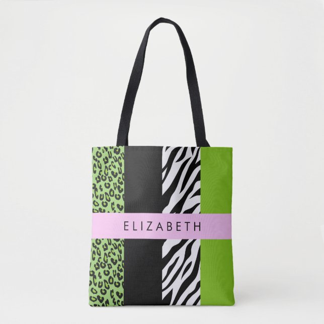Bolsa Tote Impressão Leopardo, Impressão Zebra, Verde, Seu No (Frente)