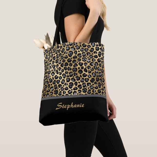 Bolsa Tote Impressão Leopardo Personalizada | Preto, Cinza e  (Close Up)
