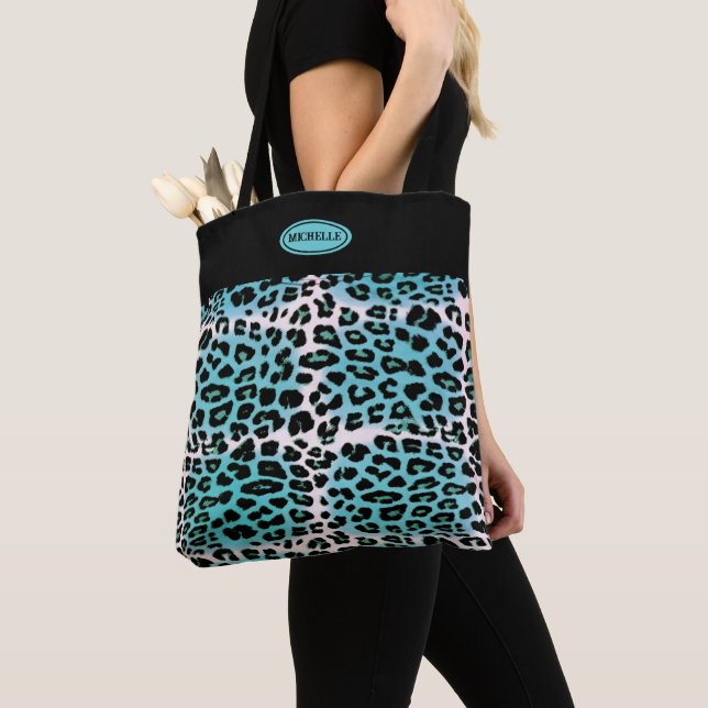Bolsa Tote Impressão na moda Azul-Leopardo Personalizada (Close Up)