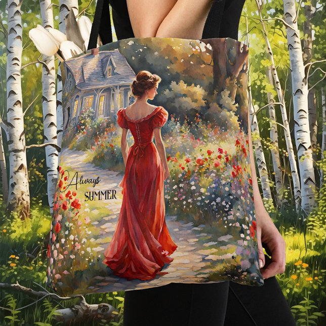 Bolsa Tote Impressionismo de Arte Belo Vintage (Tote bag featuring a fine art painting of an elegant lady in a long red dress in a summer garden)