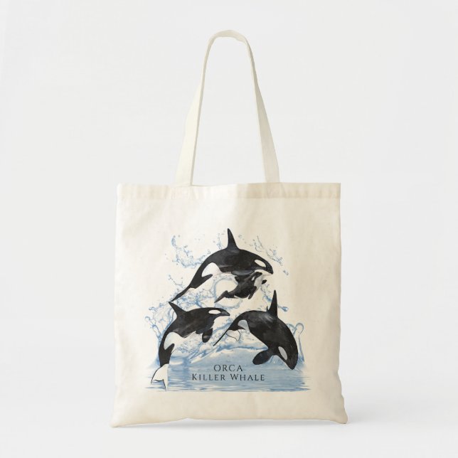 Bolsa Tote Incrível "Black and White Watercolor Orcas" (Frente)